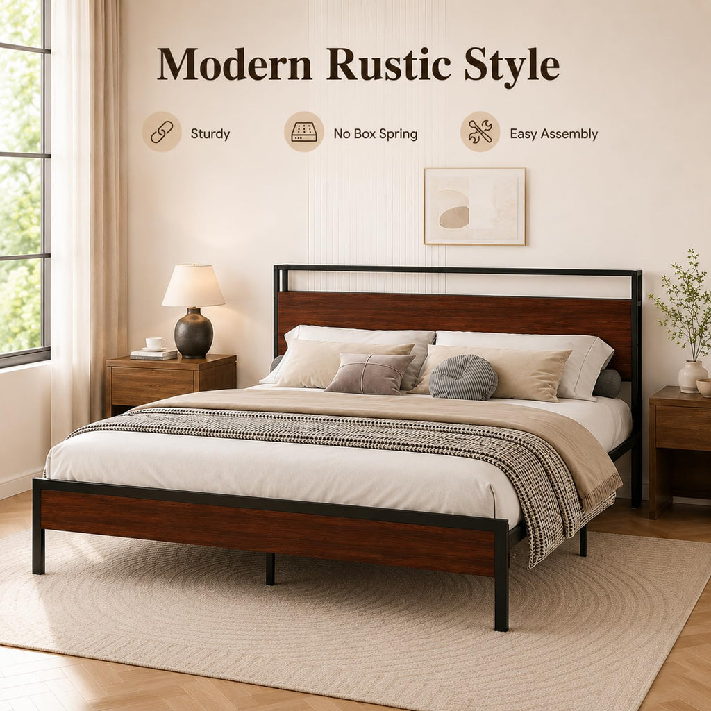 Full Size Metal Platform Bed Frame with Wood Headboard and Footboard P9602