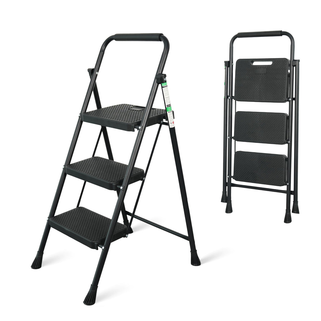 Portable Steel Folding Step Stool, 3-Step, Black D89824
