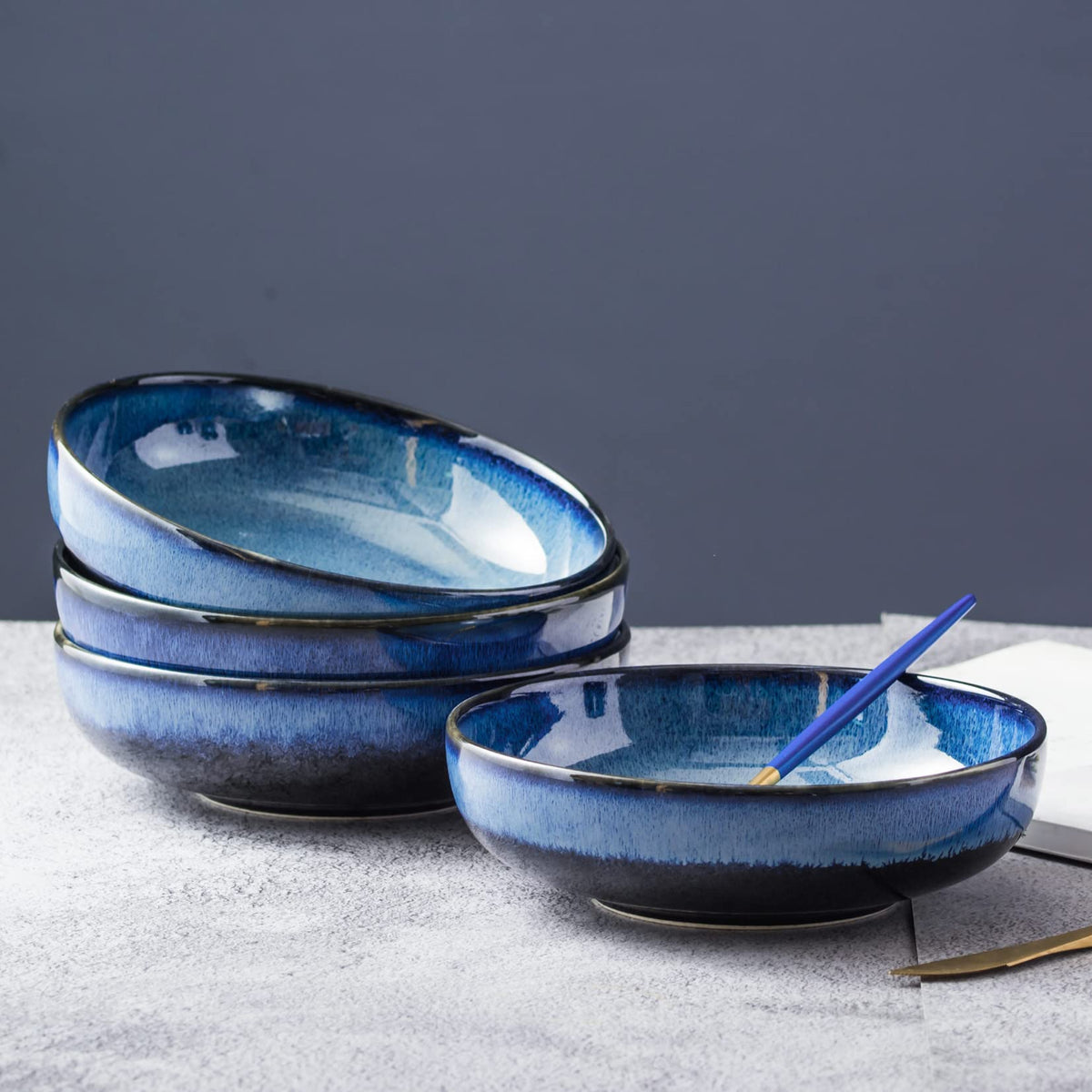 Ceramic Pasta Bowls Set of 4, 26 oz Blue U821