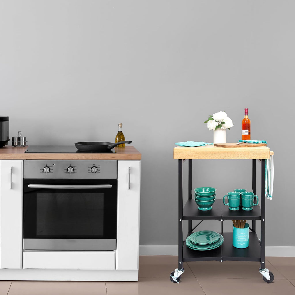 Black 3-Tier Folding Kitchen Cart with Wheels I656