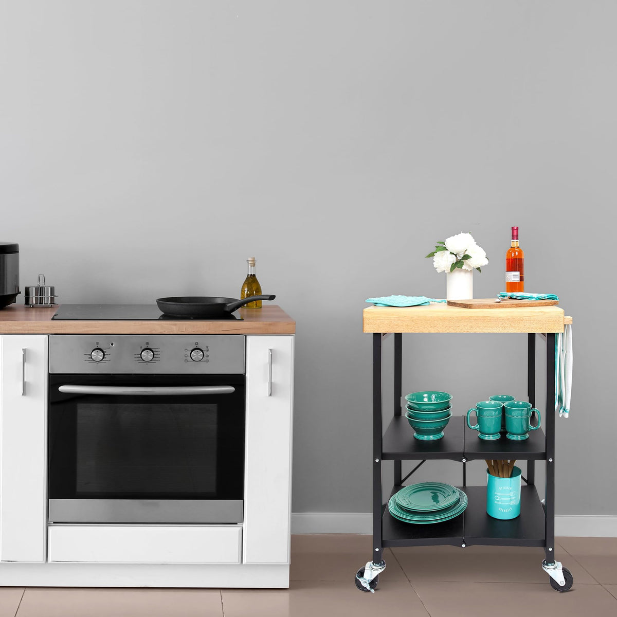 Black 3-Tier Folding Kitchen Cart with Wheels I656