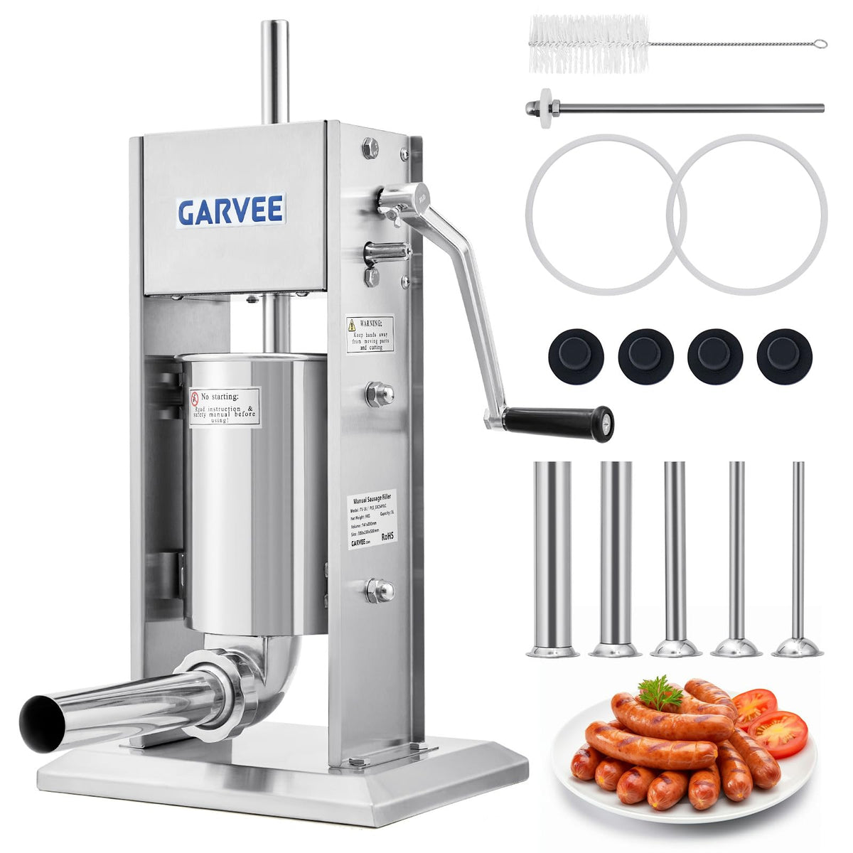 7LBS/3L 304 Stainless Steel Manual Sausage Stuffer with 5 Filling Tubes Y493