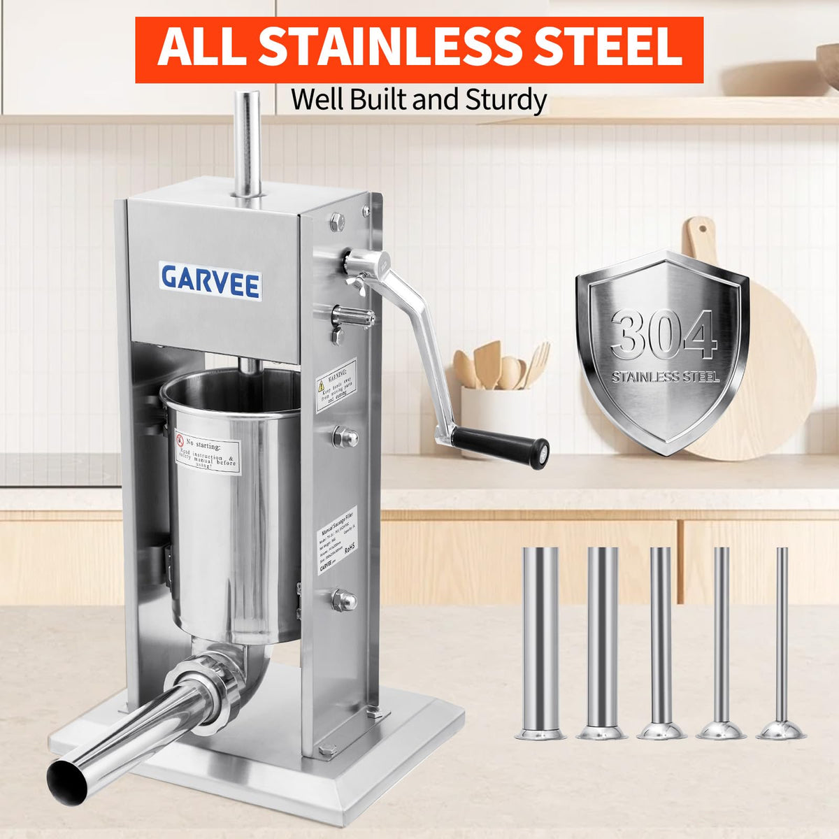 7LBS/3L 304 Stainless Steel Manual Sausage Stuffer with 5 Filling Tubes Y493