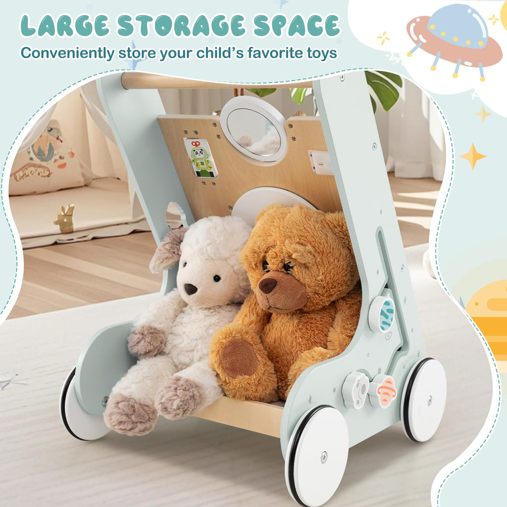 Wooden Baby Walker Push and Pull Learning Activity Center with Wheels Storage Green A38696
