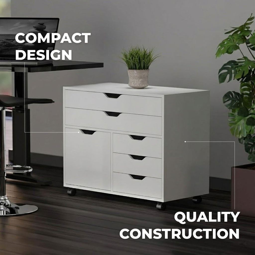 White Mobile Storage Cabinet with 1 Door & 5 Drawers E558