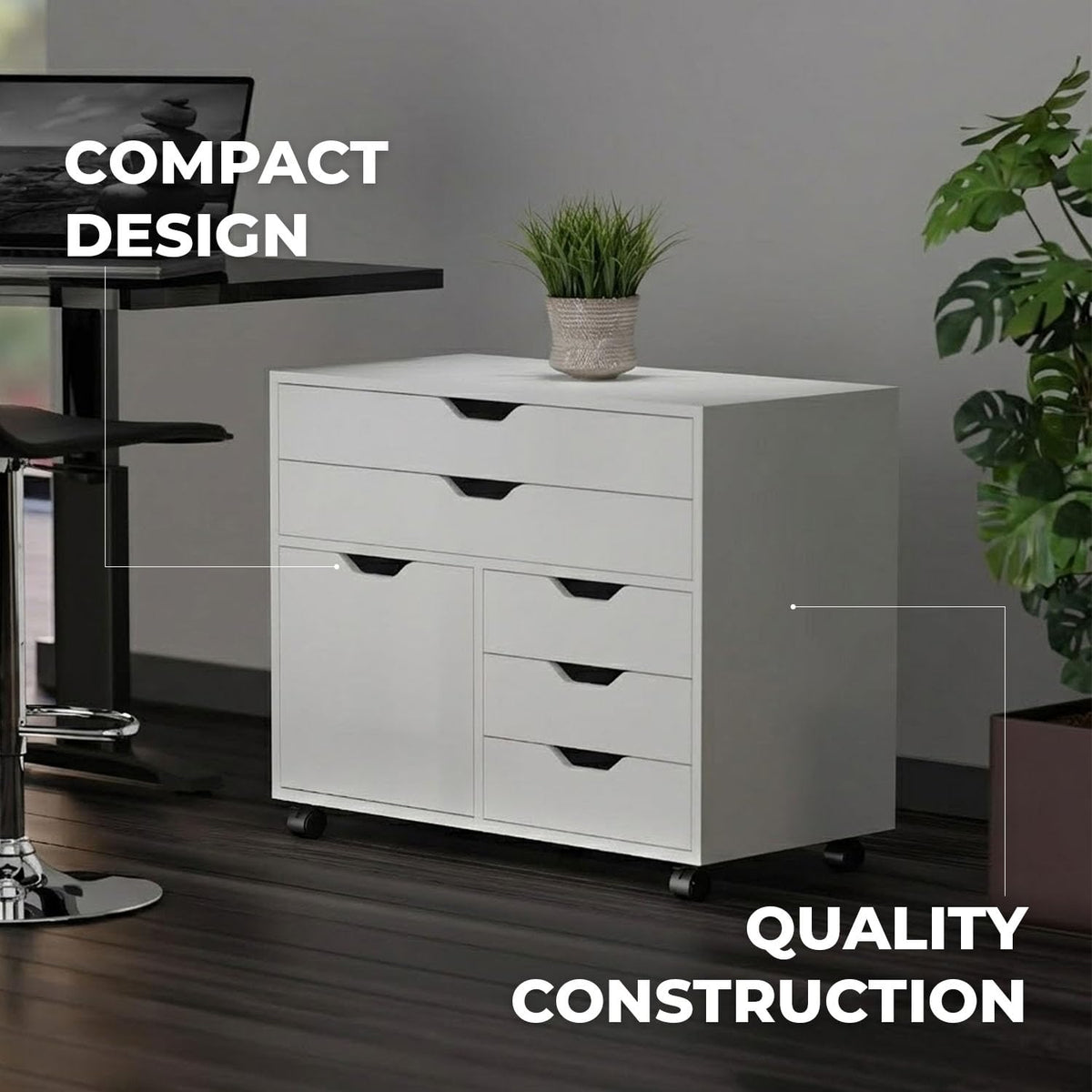 White Mobile Storage Cabinet with 1 Door & 5 Drawers E558