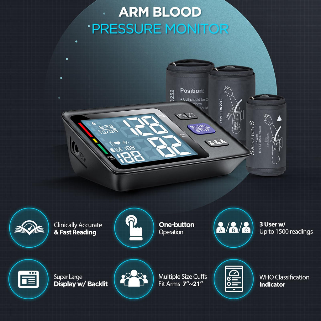 Blood Pressure Machine Upper Arm, 3 Size Cuffs, Automatic Digital BP Monitor, Large Backlit LCD S483