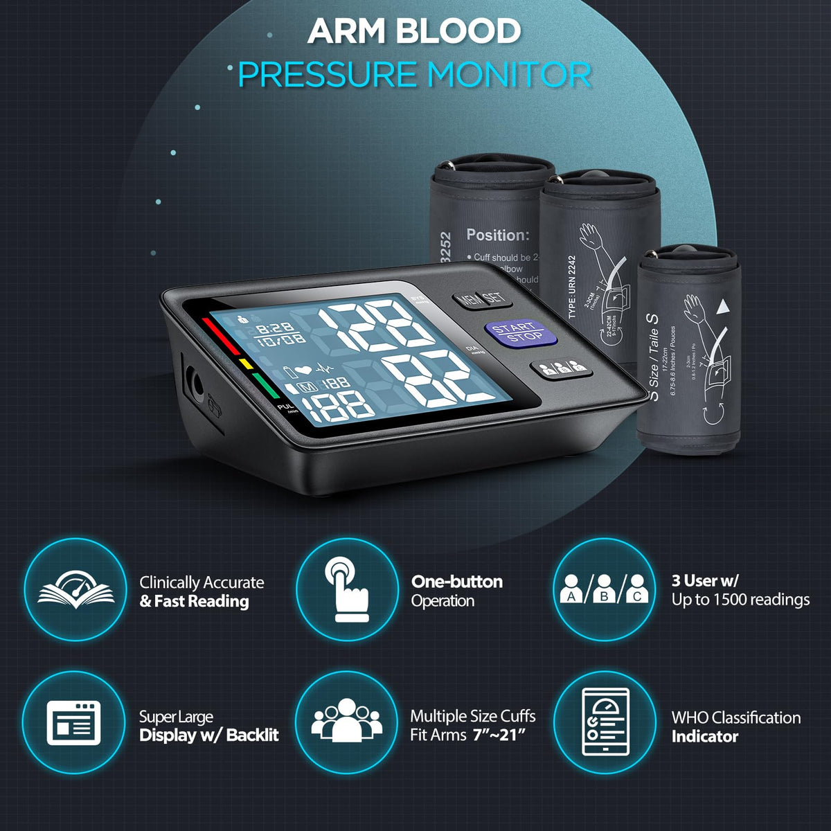 Blood Pressure Machine Upper Arm, 3 Size Cuffs, Automatic Digital BP Monitor, Large Backlit LCD S483