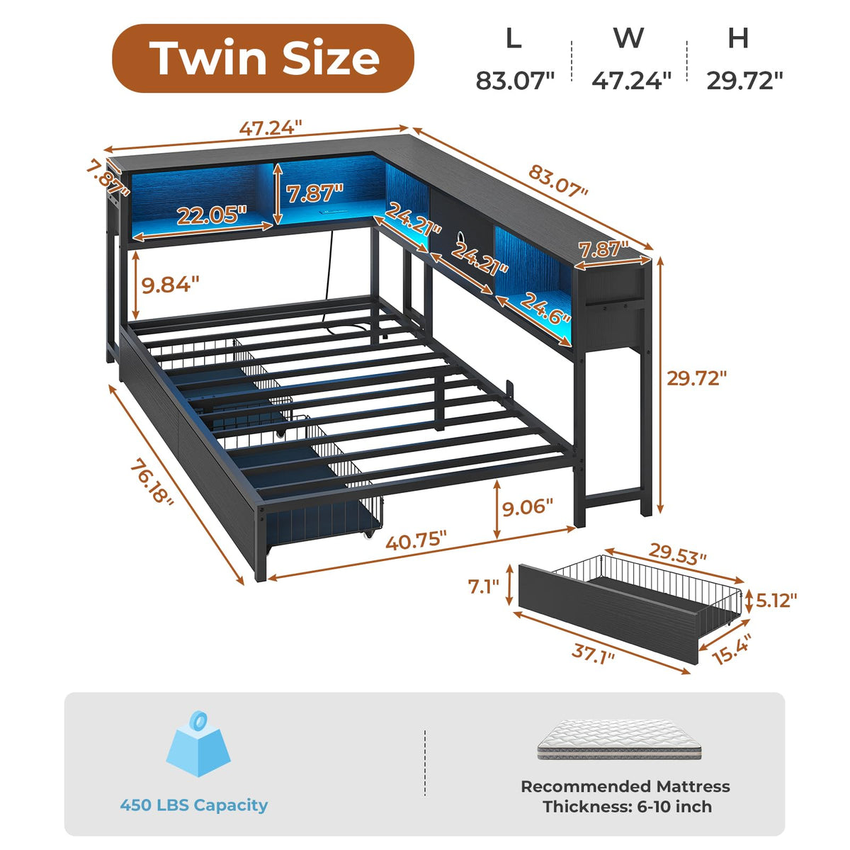 Black Twin Metal Platform Bed Frame with Storage Drawers E46482