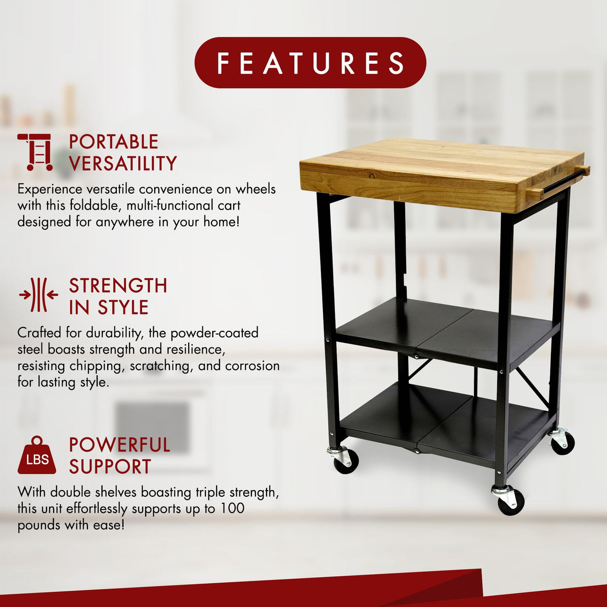 Black 3-Tier Folding Kitchen Cart with Wheels I656