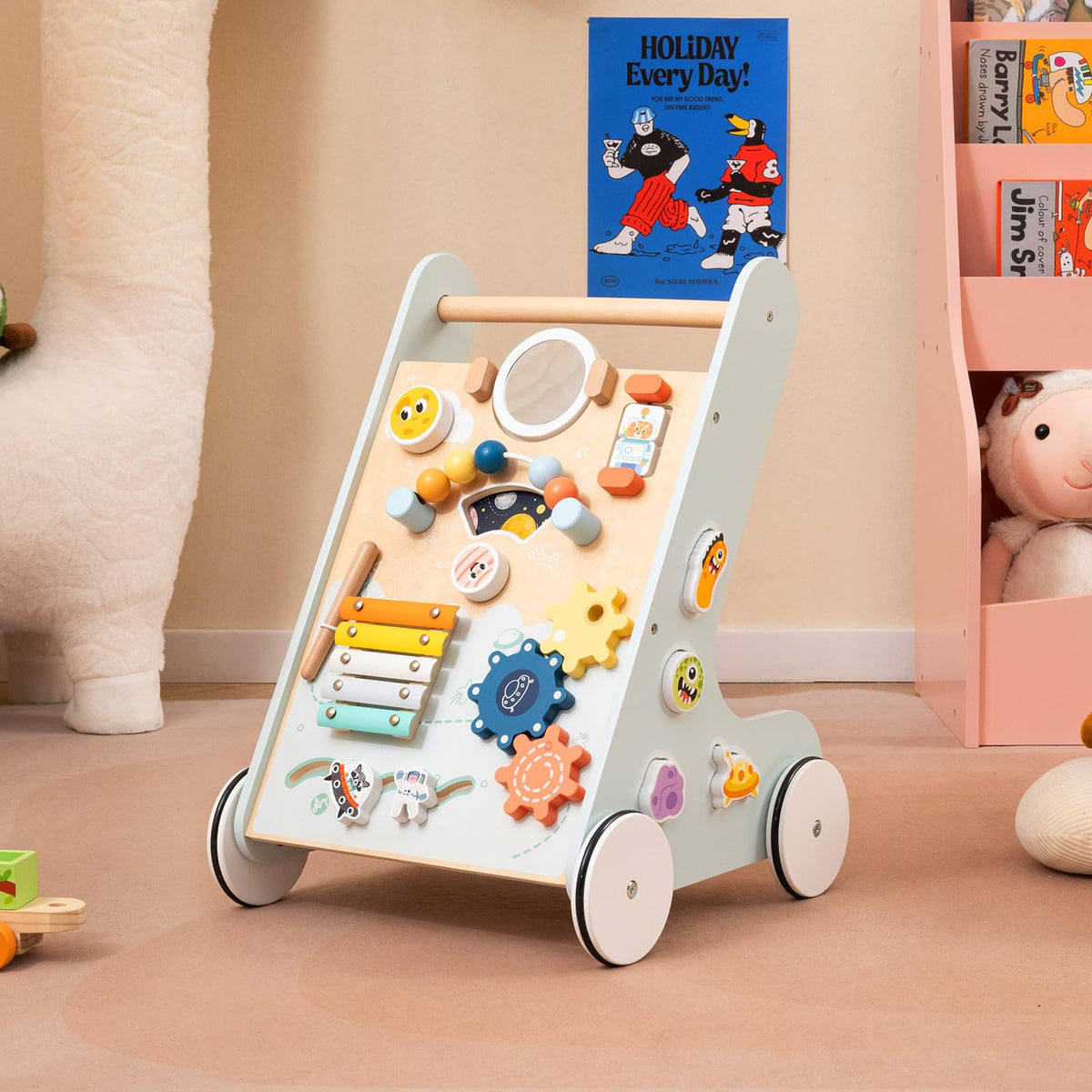 Wooden Baby Walker Push and Pull Learning Activity Center with Wheels Storage Green A38696