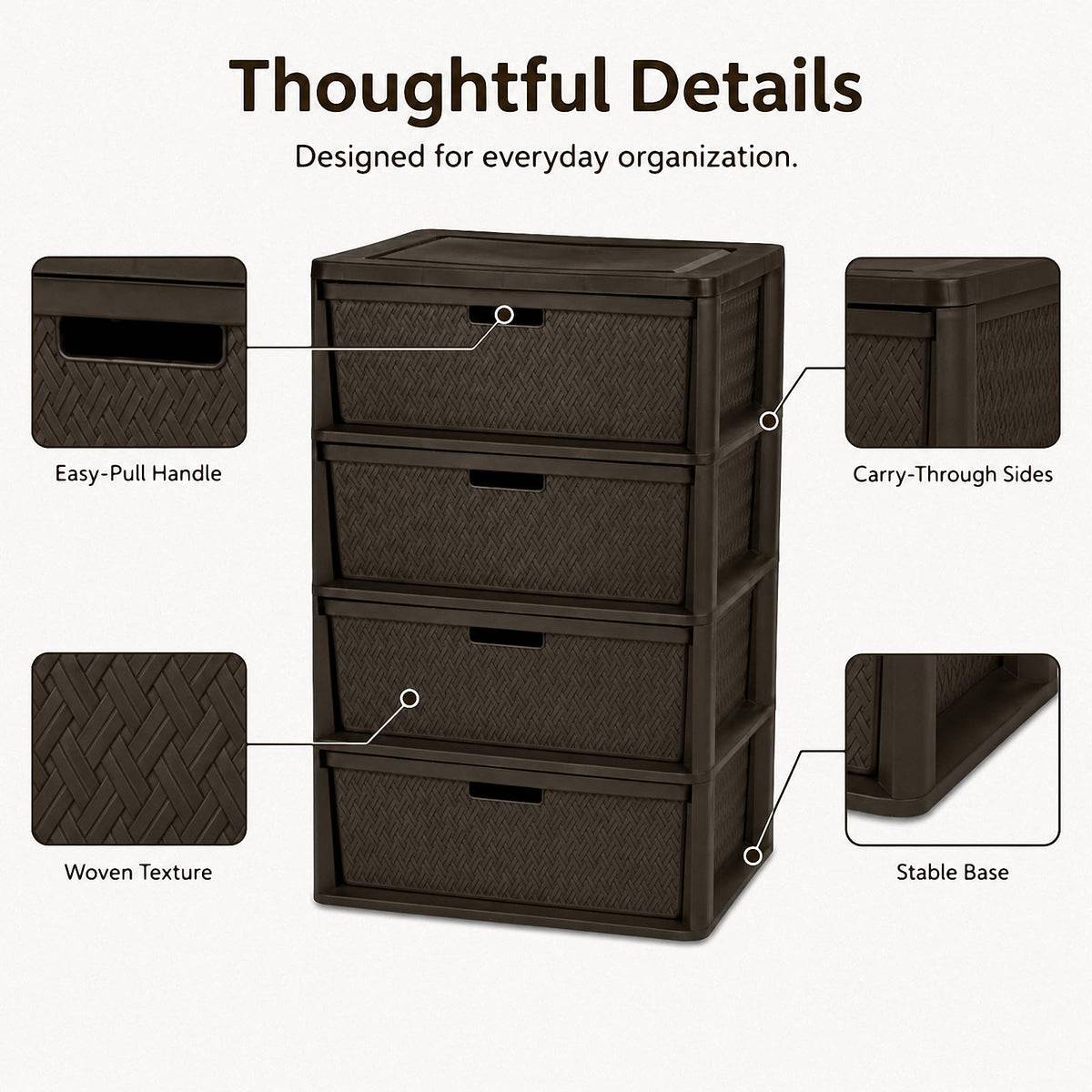 Brown 4 Drawer Plastic Storage Tower W59317
