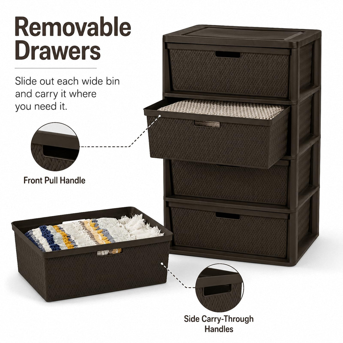 Brown 4 Drawer Plastic Storage Tower W59317
