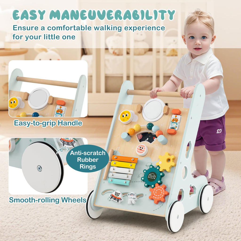 Wooden Baby Walker Push and Pull Learning Activity Center with Wheels Storage Green A38696