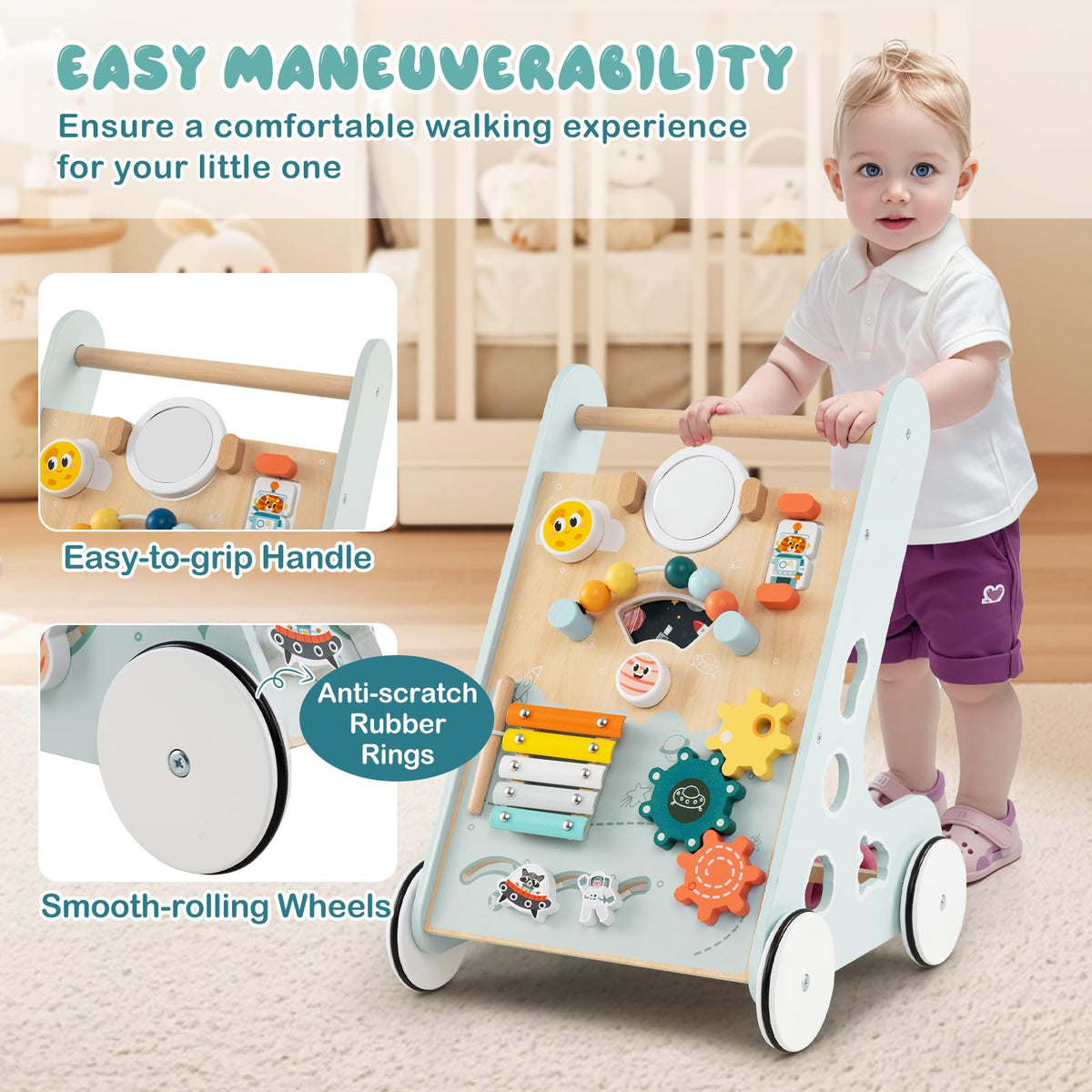 Wooden Baby Walker Push and Pull Learning Activity Center with Wheels Storage Green A38696