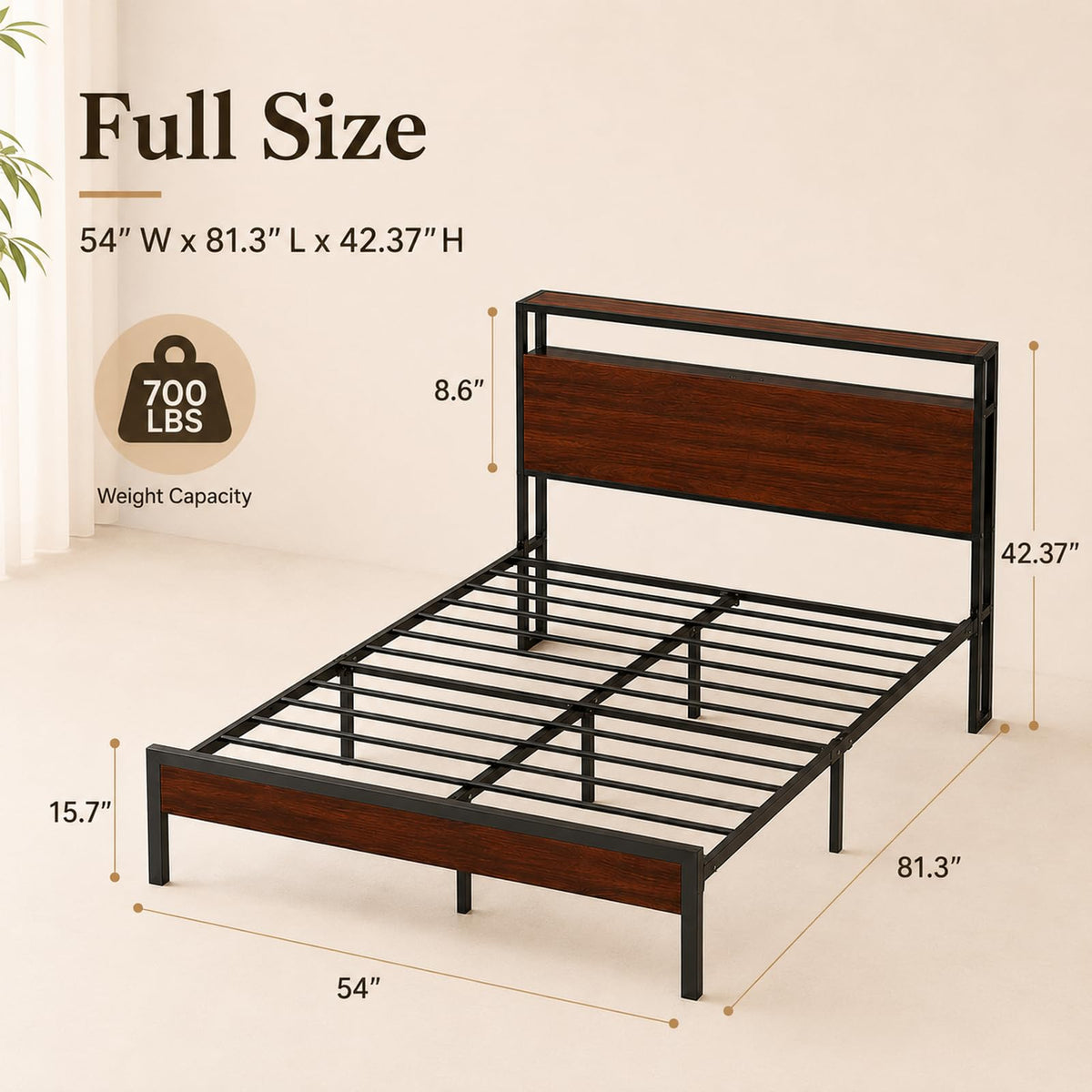 Full Size Metal Platform Bed Frame with Wood Headboard and Footboard P9602