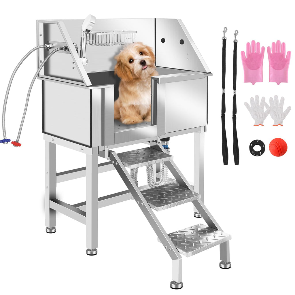 34 Inch Stainless Steel Dog Grooming Bathtub with Anti-Slip Stairs C9406