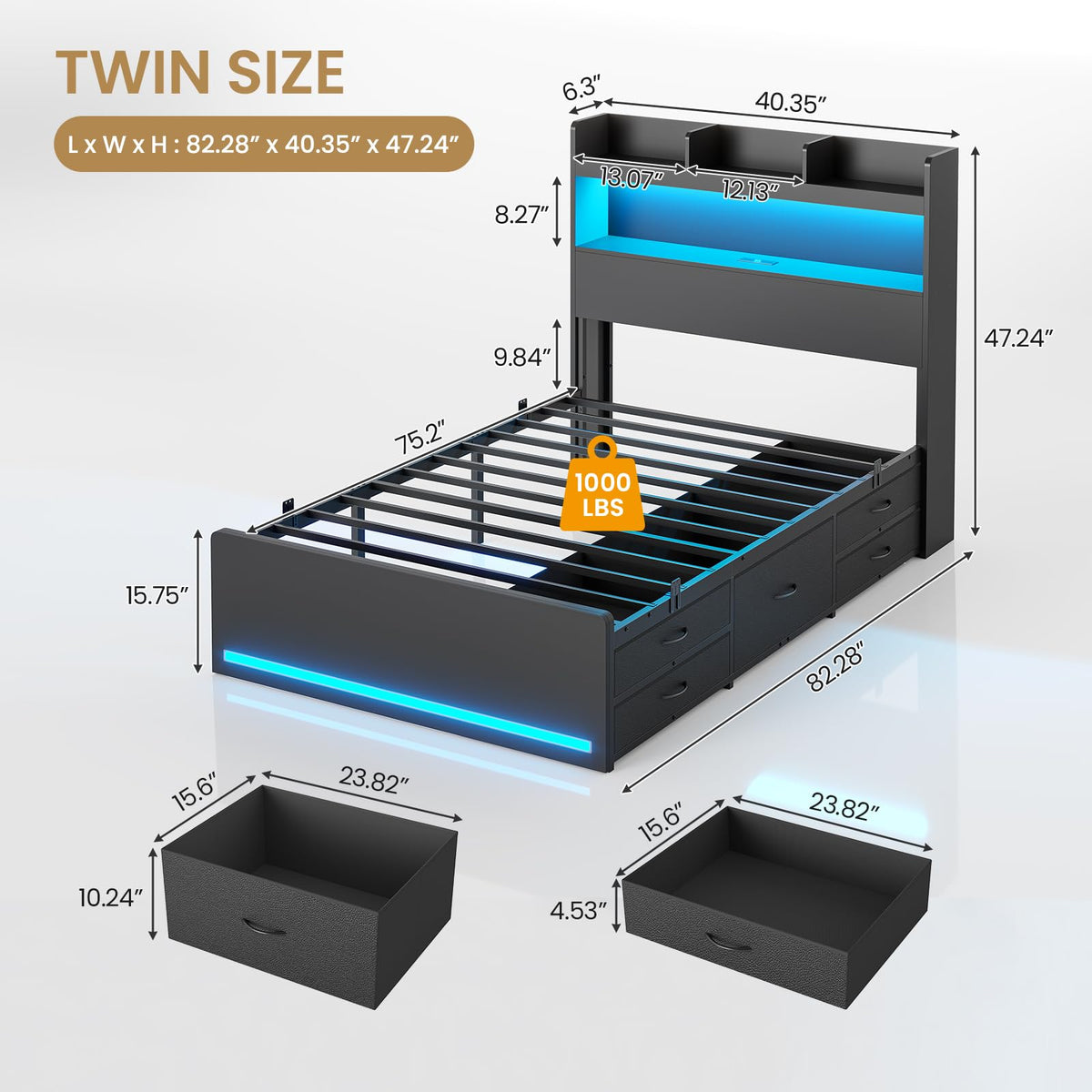 Twin Size Storage Bed Frame with 5 Drawers Q6650