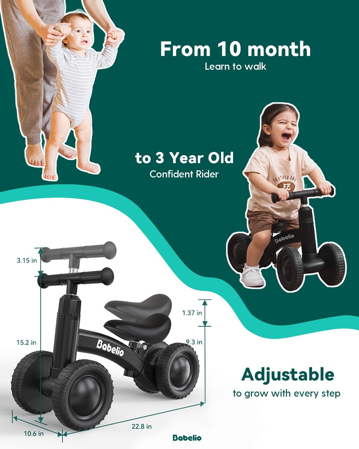 Green Adjustable 4 Wheels Baby Balance Bike D998259