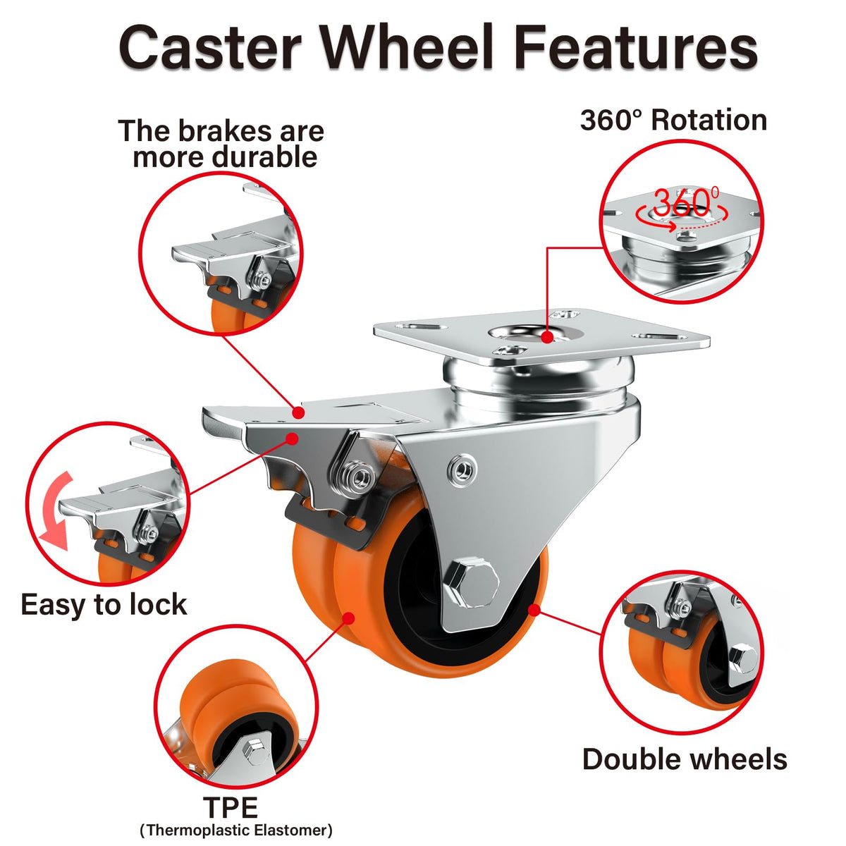 2" Double Wheel Casters with Brake 4 Pack D65627