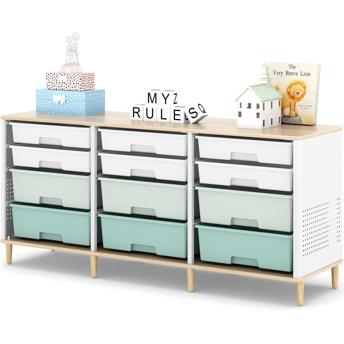 12 Drawers Storage Cabinet with Wooden Top and Plastic Bins S6958
