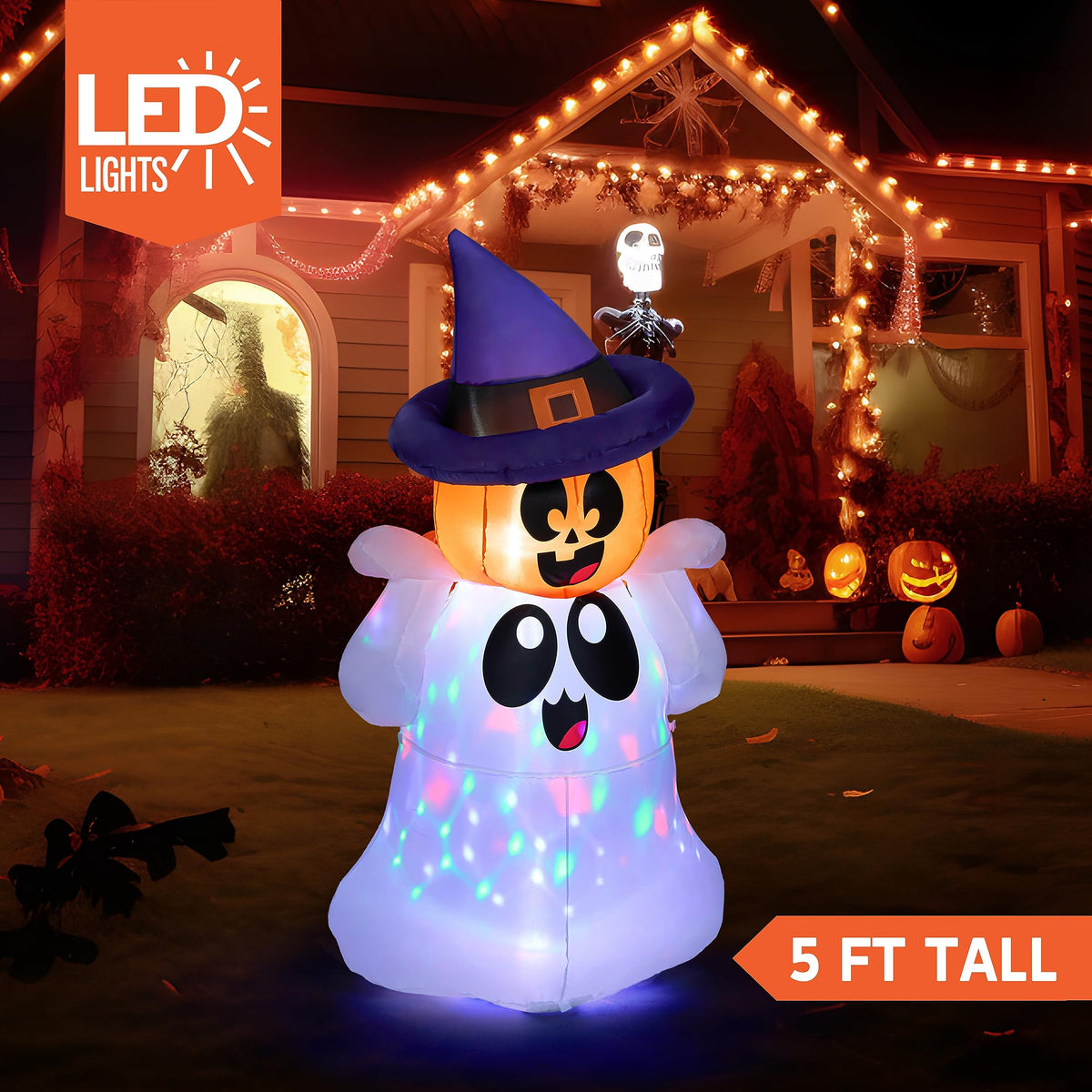5 FT Halloween Inflatable Ghost with Colorful LEDs O28655