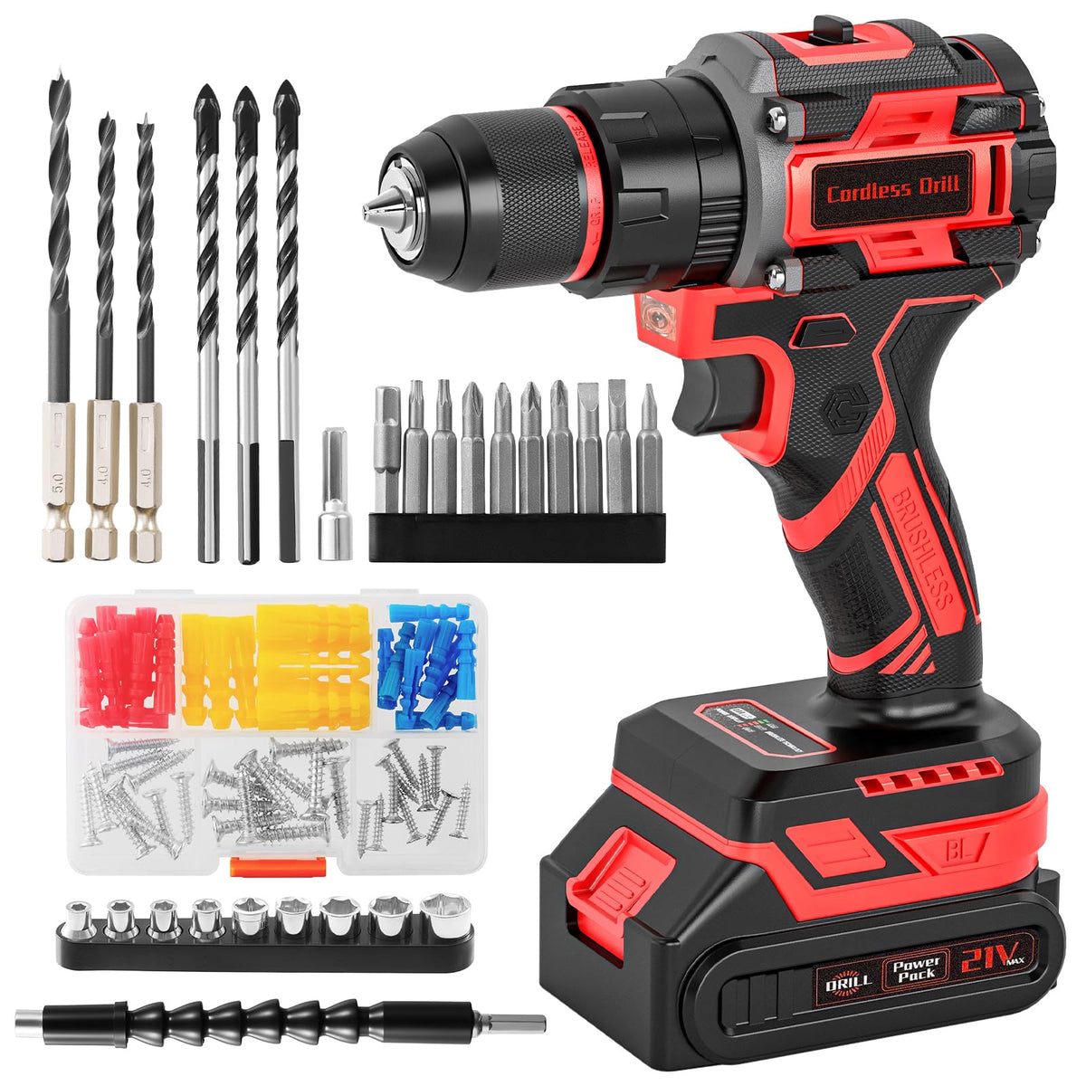 21V Brushless Cordless Drill Set with Charger, 3/8" Keyless Chuck, 87Pcs Accessories X28269