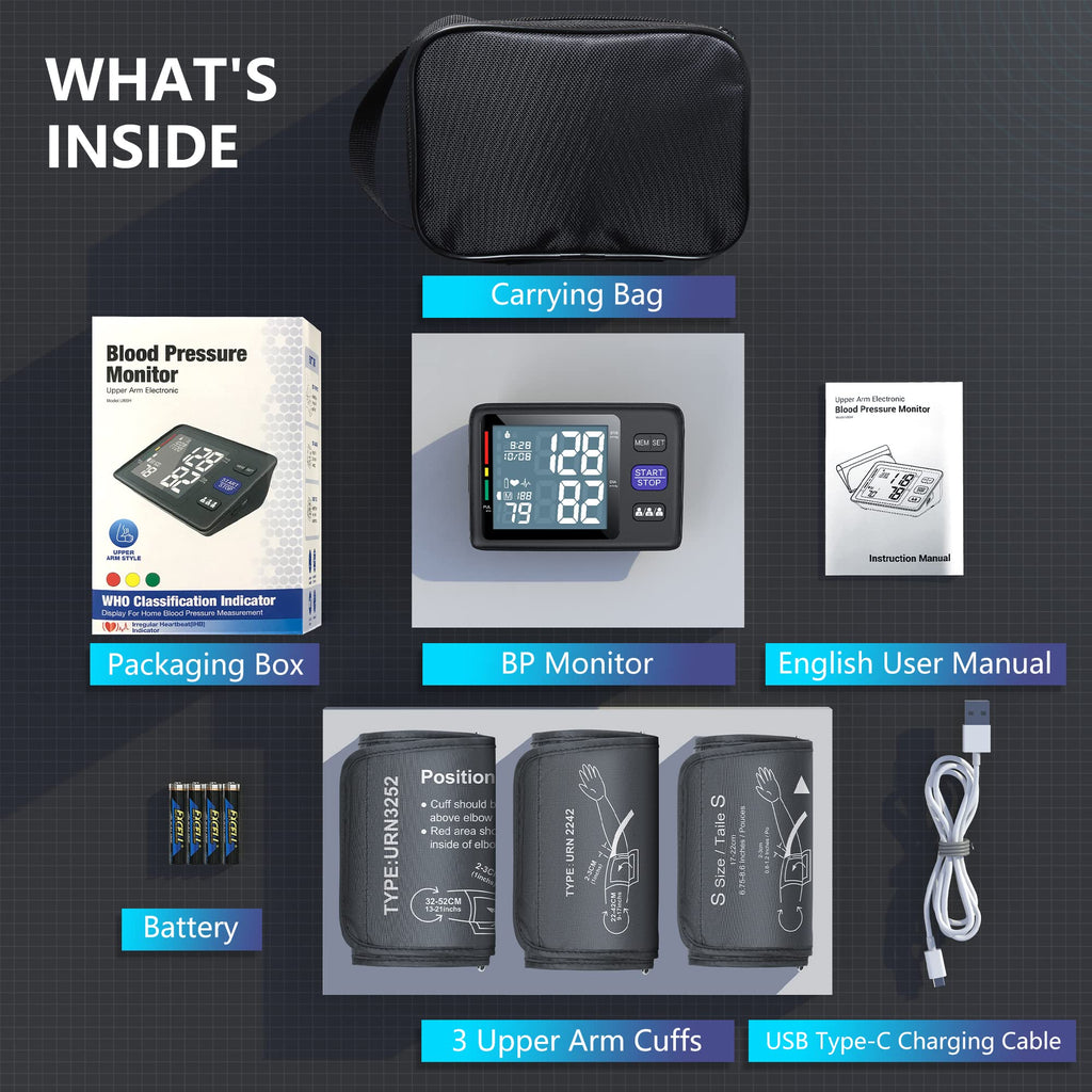Blood Pressure Machine Upper Arm, 3 Size Cuffs, Automatic Digital BP Monitor, Large Backlit LCD S483