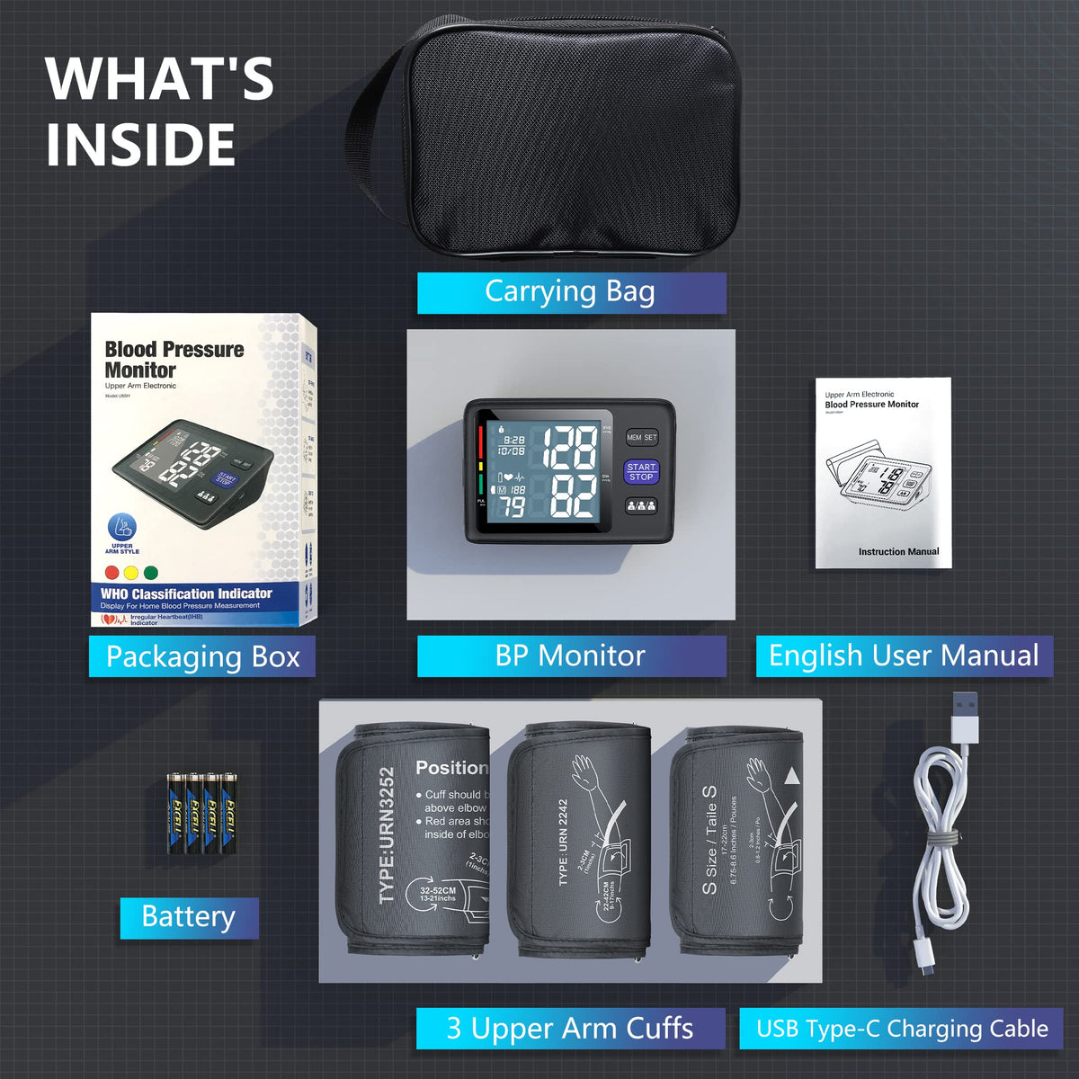 Blood Pressure Machine Upper Arm, 3 Size Cuffs, Automatic Digital BP Monitor, Large Backlit LCD S483