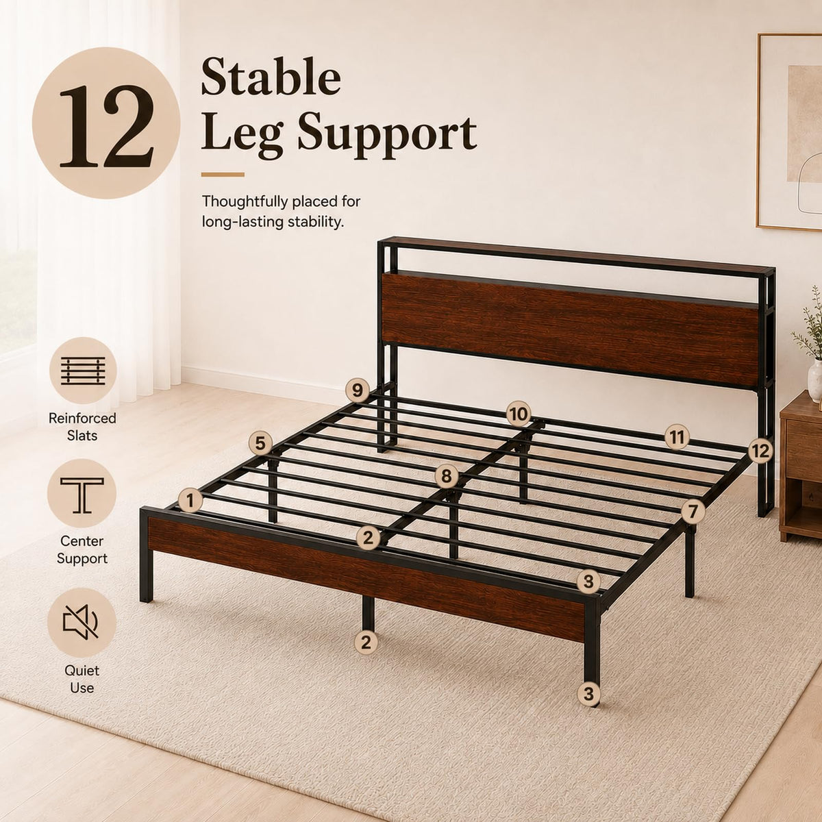 Full Size Metal Platform Bed Frame with Wood Headboard and Footboard P9602