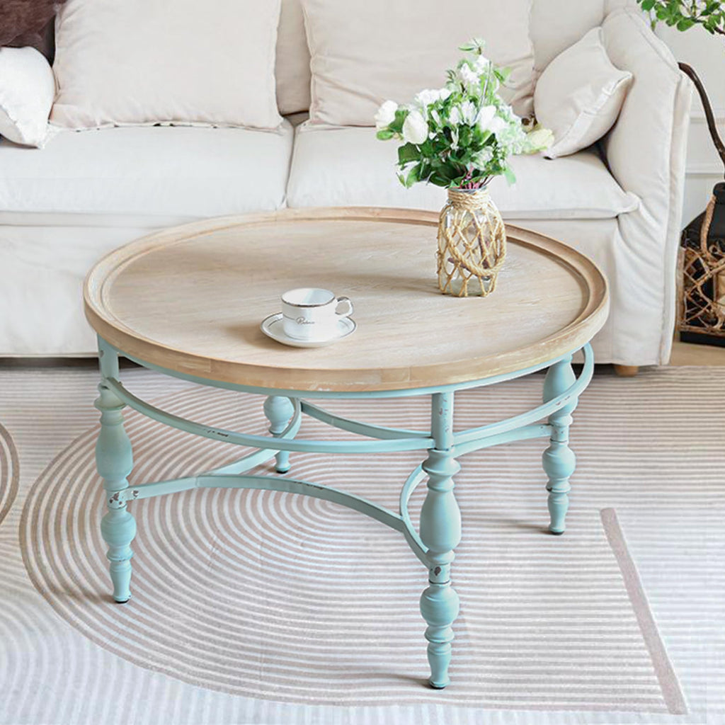 Round Solid Wood Coffee Table with Iron Legs I268302