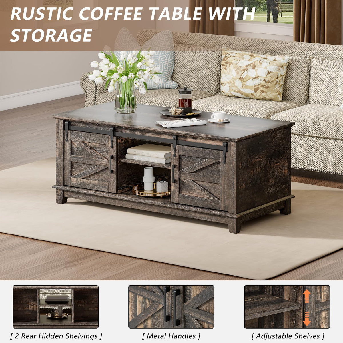 4 Piece Farmhouse Living Room Table Set with TV Stand Coffee Table and End Tables P748