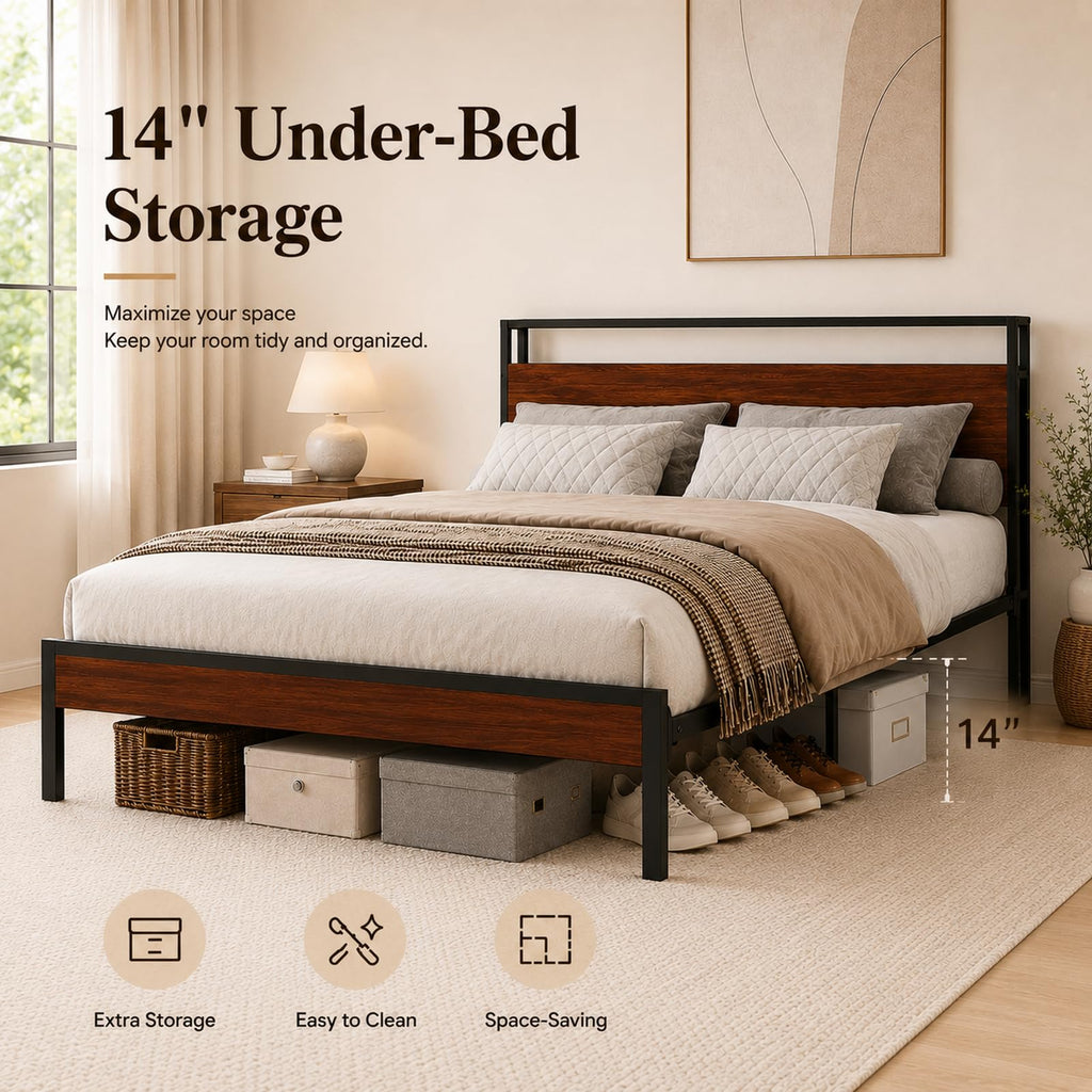 Full Size Metal Platform Bed Frame with Wood Headboard and Footboard P9602