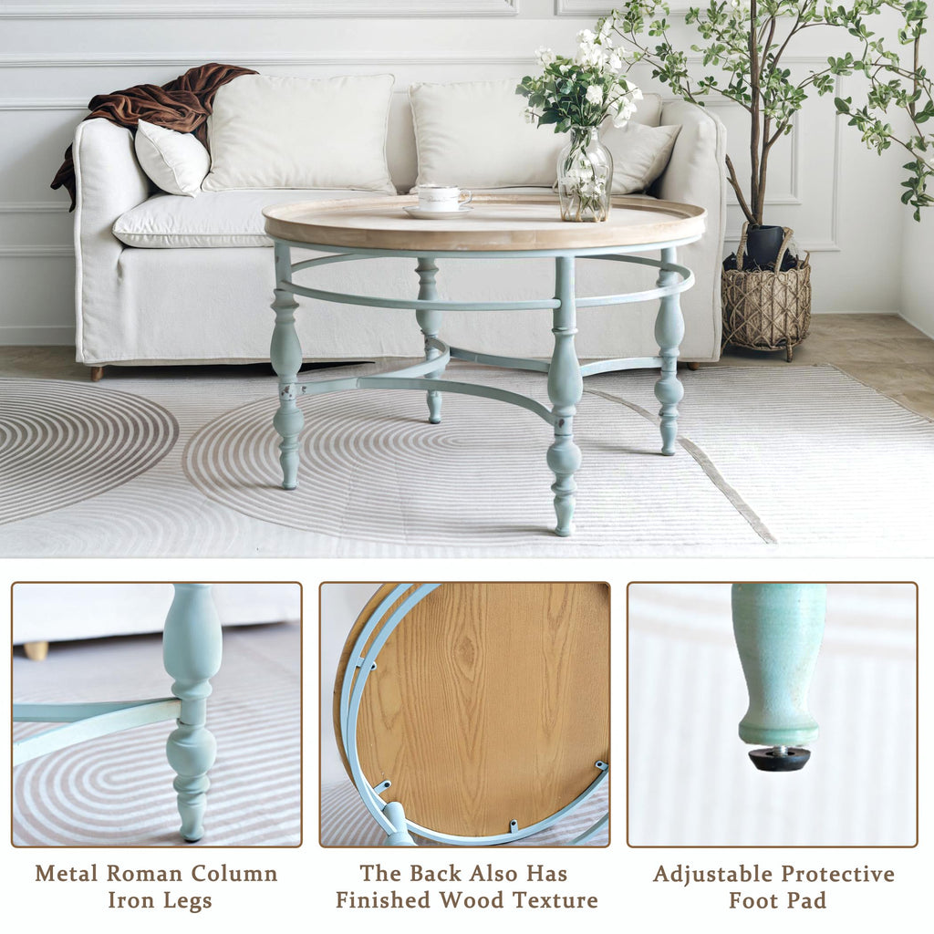 Round Solid Wood Coffee Table with Iron Legs I268302