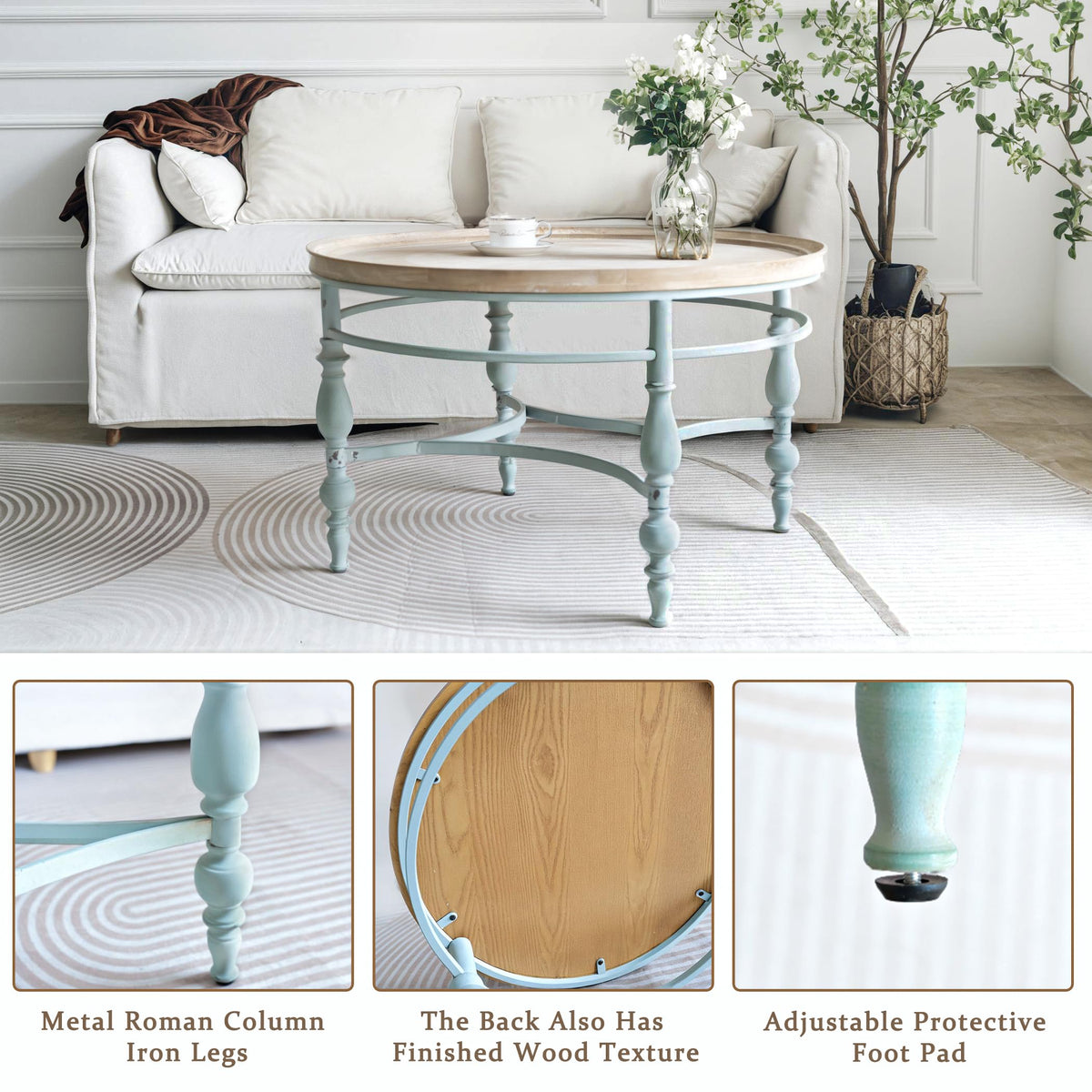 Round Solid Wood Coffee Table with Iron Legs I268302