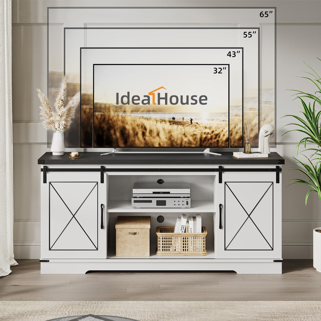 Farmhouse TV Stand with Sliding Barn Doors and Adjustable Shelves D842