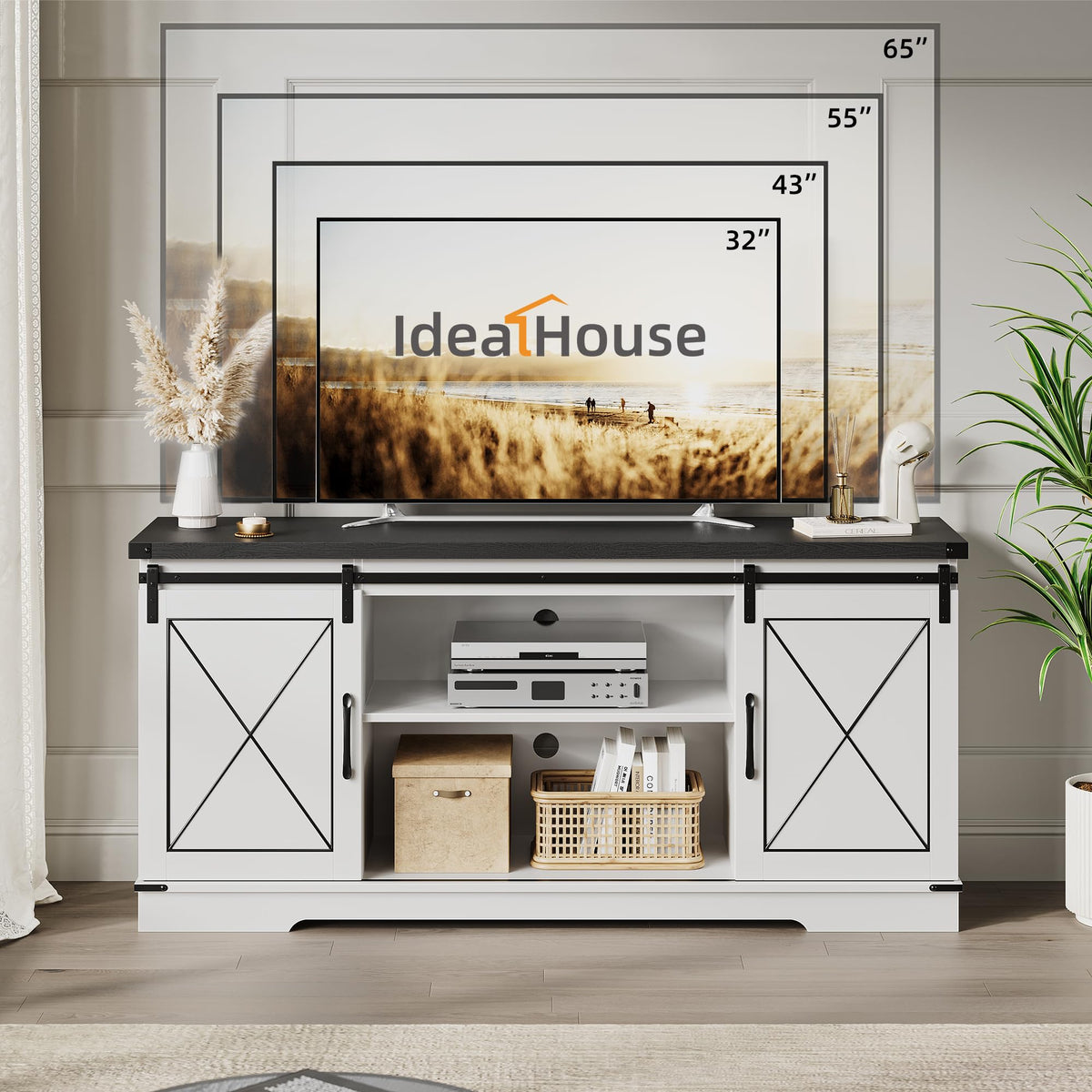 Farmhouse TV Stand with Sliding Barn Doors and Adjustable Shelves D842