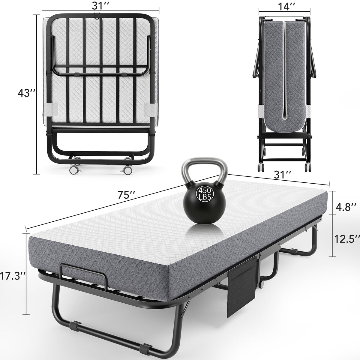 Folding Bed with Movable Wheels 75" x 31" K564616