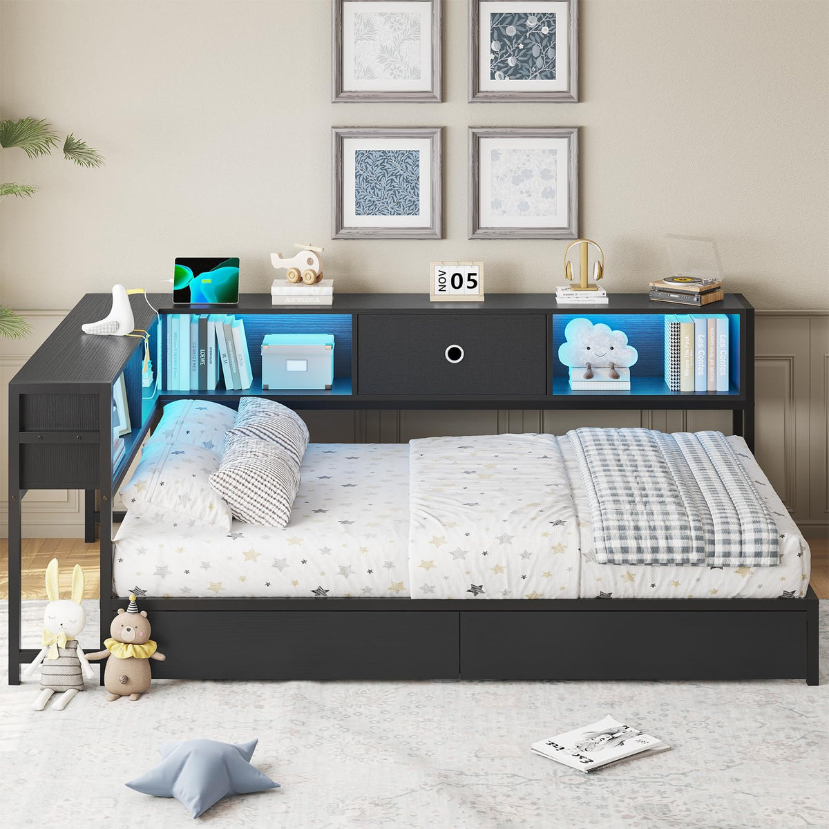 Black Twin Metal Platform Bed Frame with Storage Drawers E46482