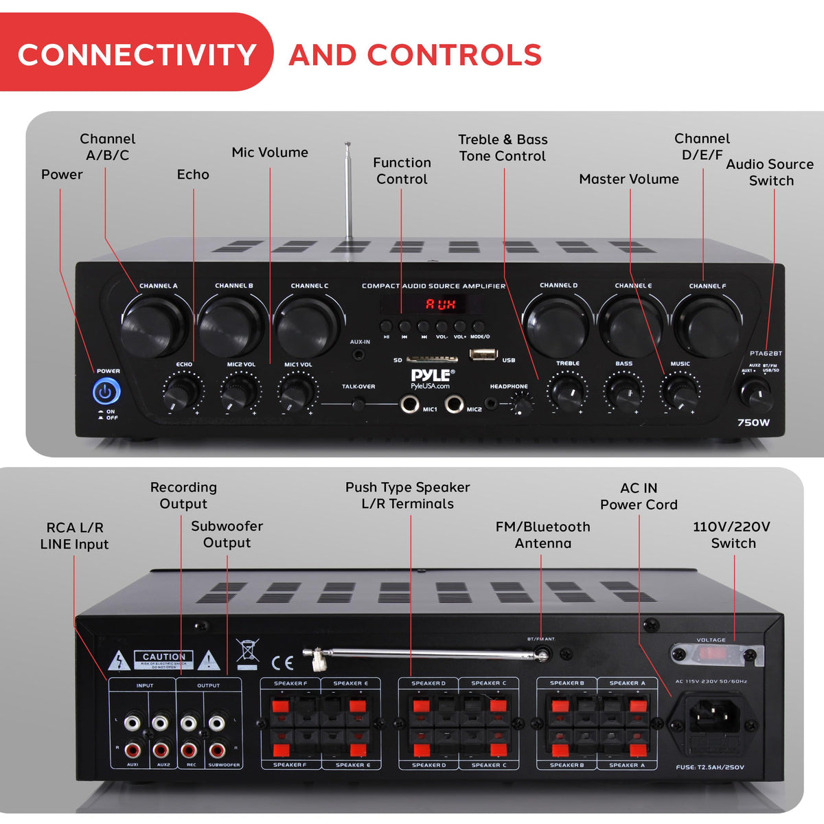 Wireless Bluetooth 6 Channel 750W Karaoke Amplifier Y96911