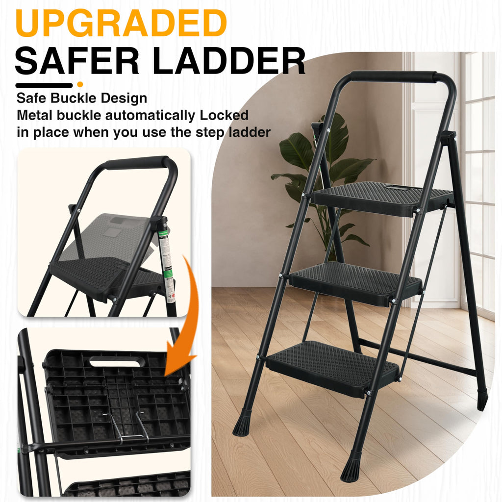 Portable Steel Folding Step Stool, 3-Step, Black D89824