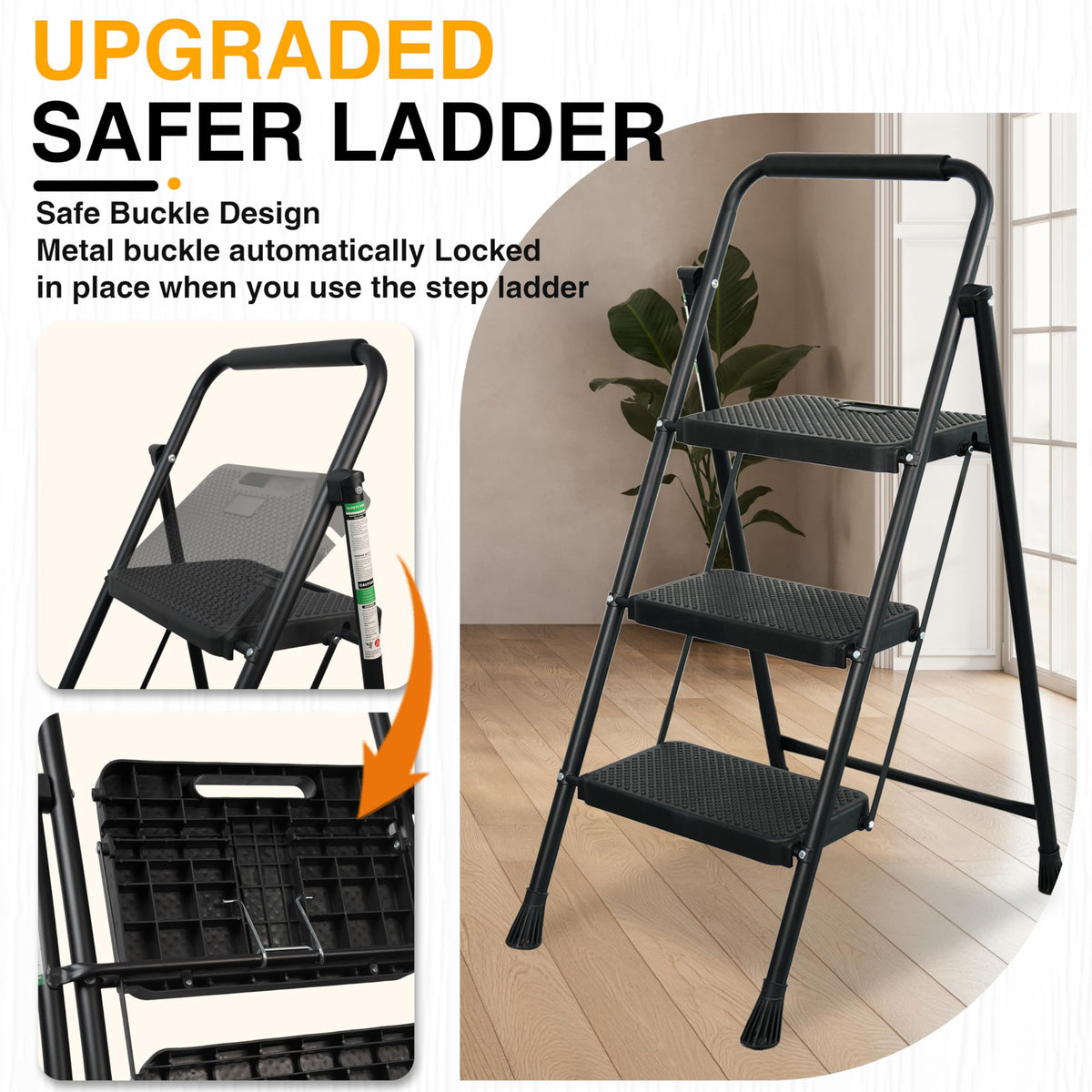 Portable Steel Folding Step Stool, 3-Step, Black D89824