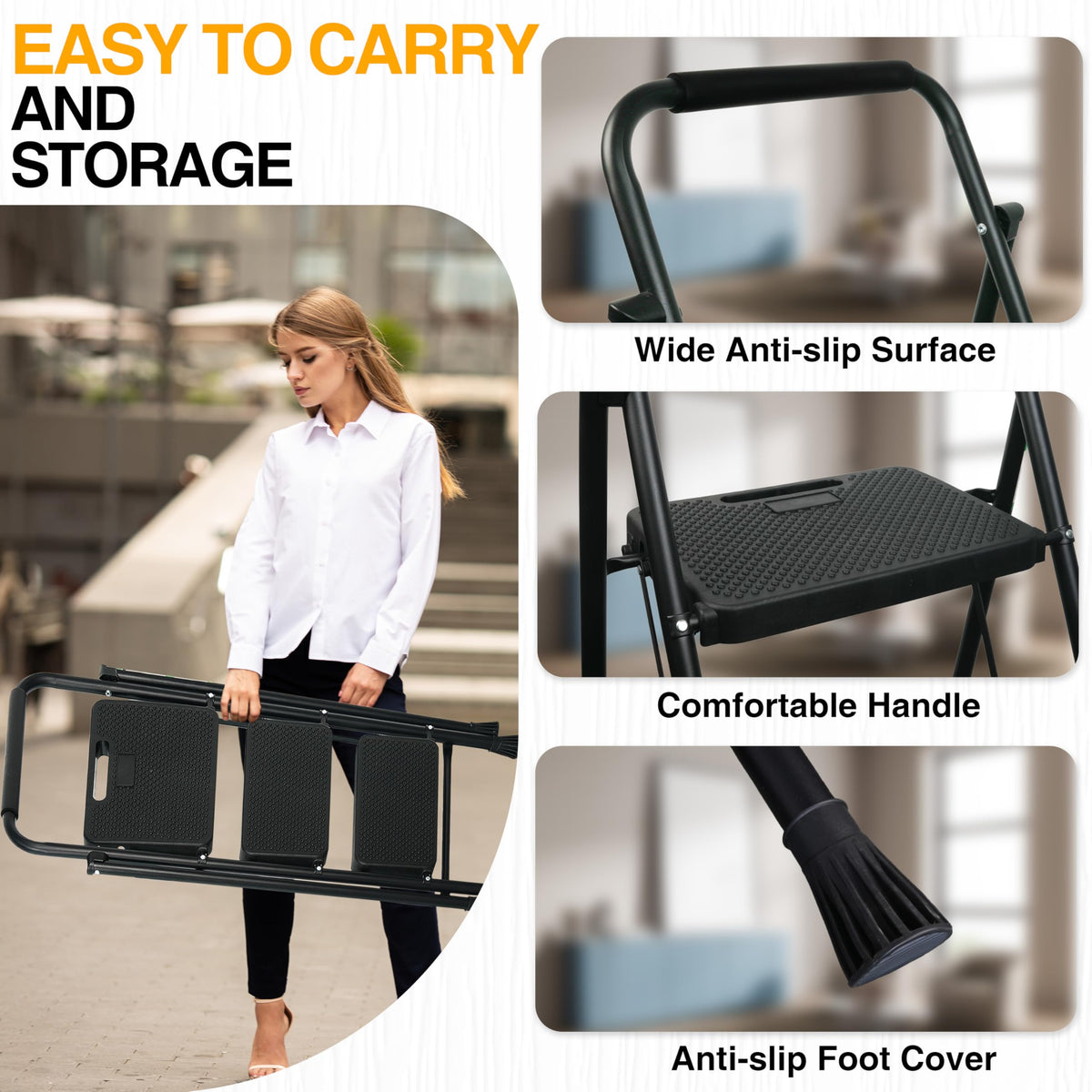 Portable Steel Folding Step Stool, 3-Step, Black D89824