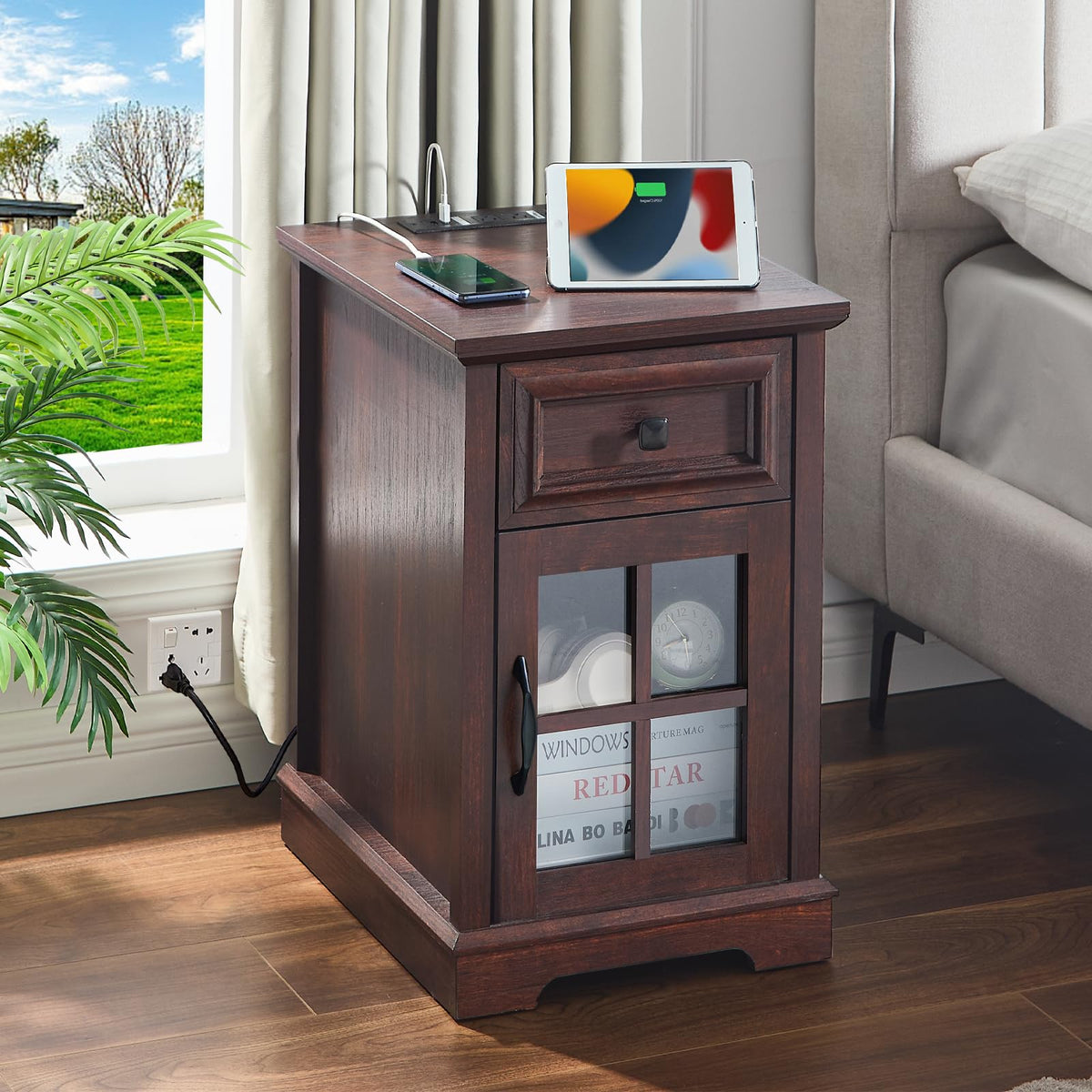 Cherry Side Table with Charging Station X1544