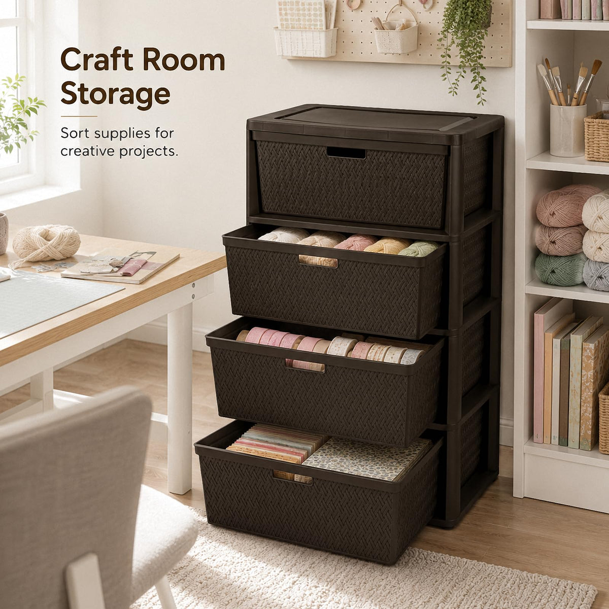 Brown 4 Drawer Plastic Storage Tower W59317