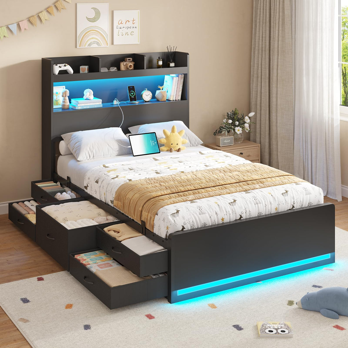 Twin Size Storage Bed Frame with 5 Drawers Q6650