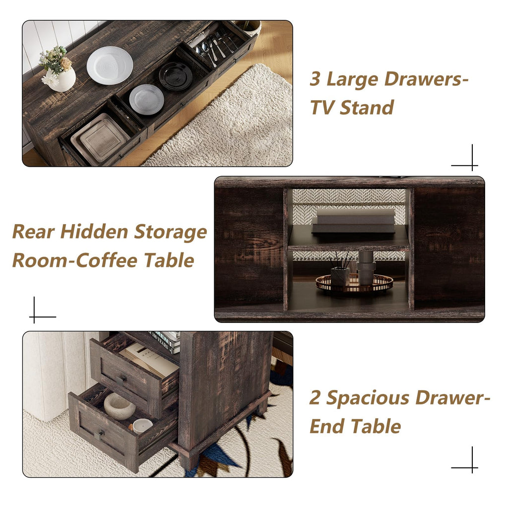 4 Piece Farmhouse Living Room Table Set with TV Stand Coffee Table and End Tables P748