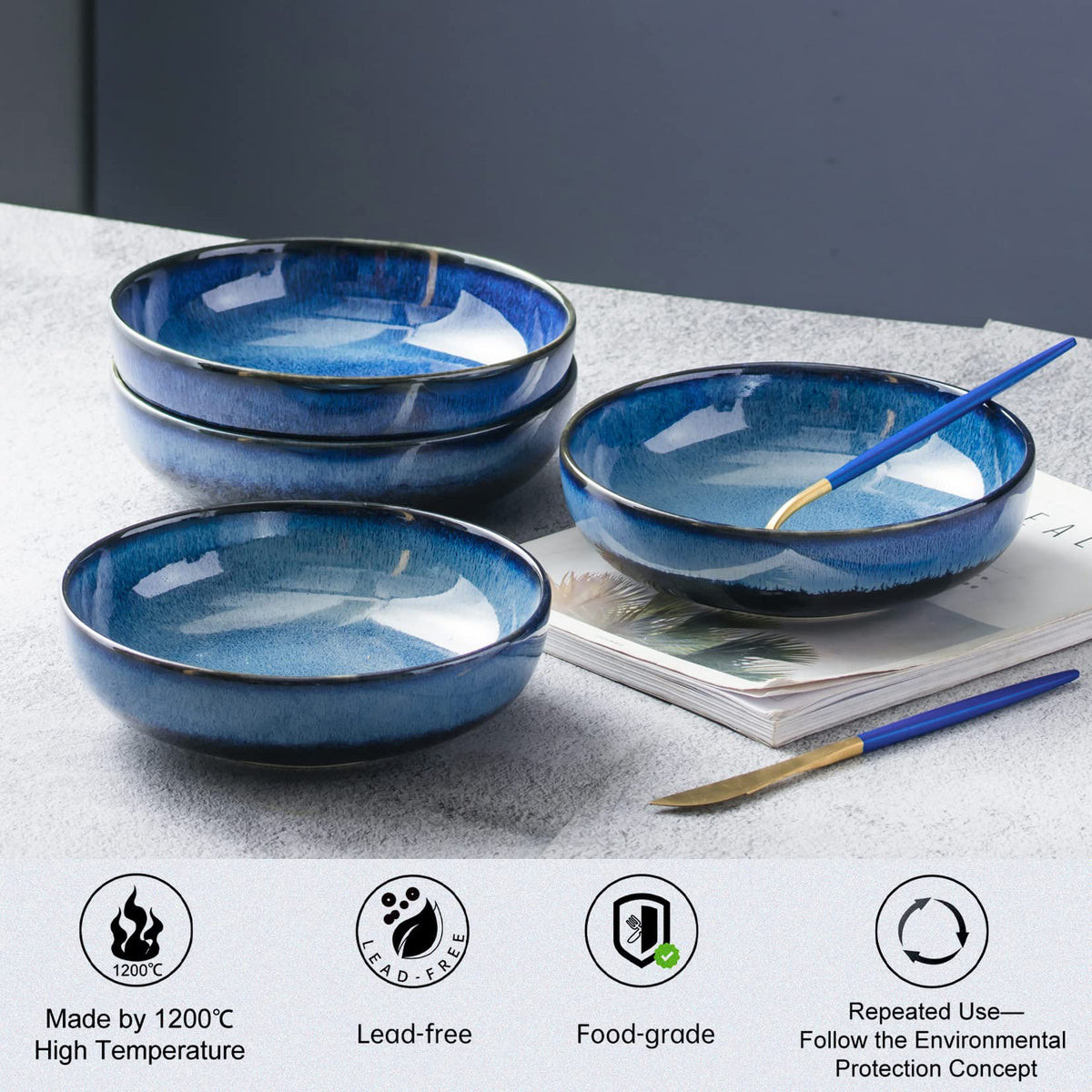 Ceramic Pasta Bowls Set of 4, 26 oz Blue U821