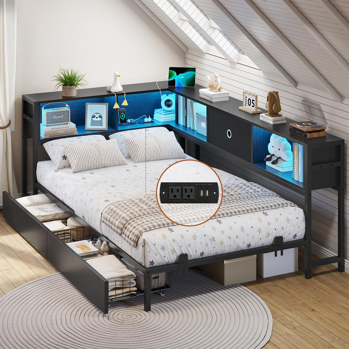 Black Twin Metal Platform Bed Frame with Storage Drawers E46482