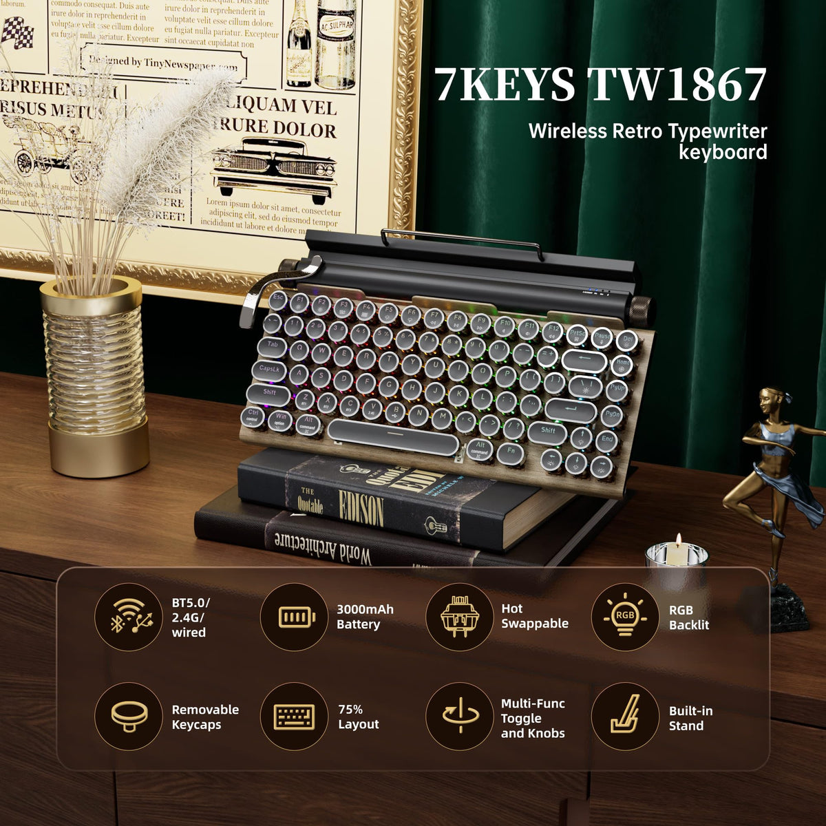 Wireless Retro Mechanical Keyboard with Wrist Rest O287